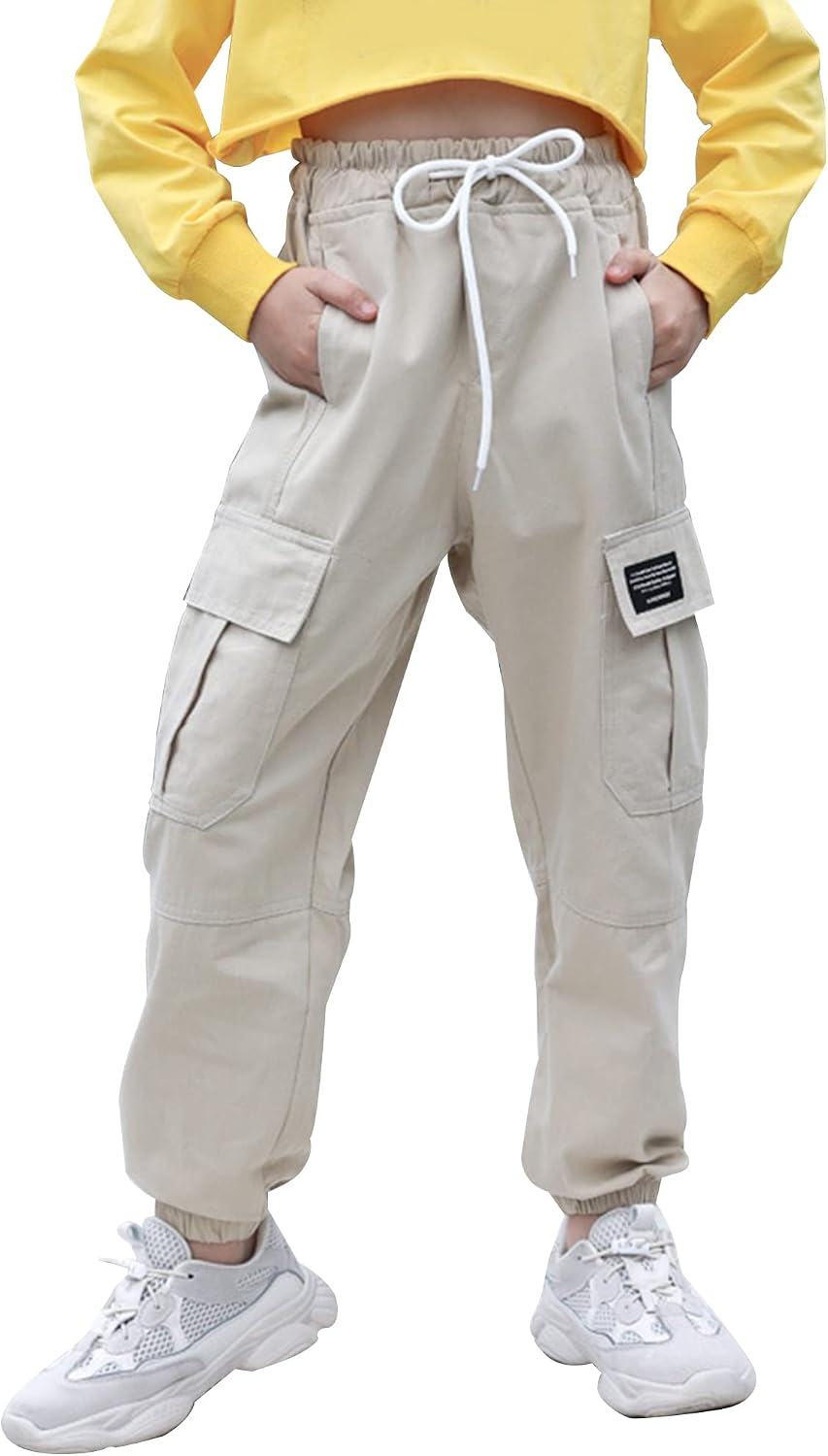 SEAUR Cargo Pants Girls Casual Pants Hip Hop Pants with Elastic Waist Sports Pants Jogging Pants with Pockets Drawstring Training Pants Sport Leisure Streetwear - 100-160cm 