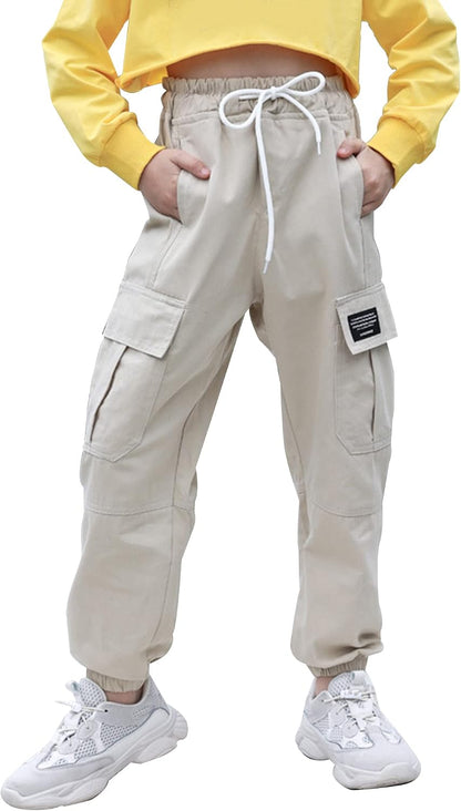SEAUR Cargo Pants Girls Casual Pants Hip Hop Pants with Elastic Waist Sports Pants Jogging Pants with Pockets Drawstring Training Pants Sport Leisure Streetwear - 100-160cm 