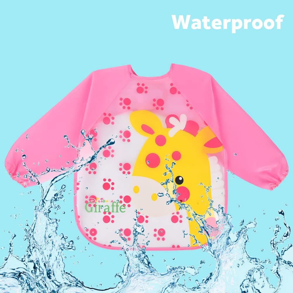 Vicloon Waterproof Baby Bibs, 5pcs Baby Bibs with Long Sleeves, Sleeved Bibs, Unisex Bib Set for Eating, Arts, Crafts, Painting, Playing (Pink, Blue, Green, Yellow) 