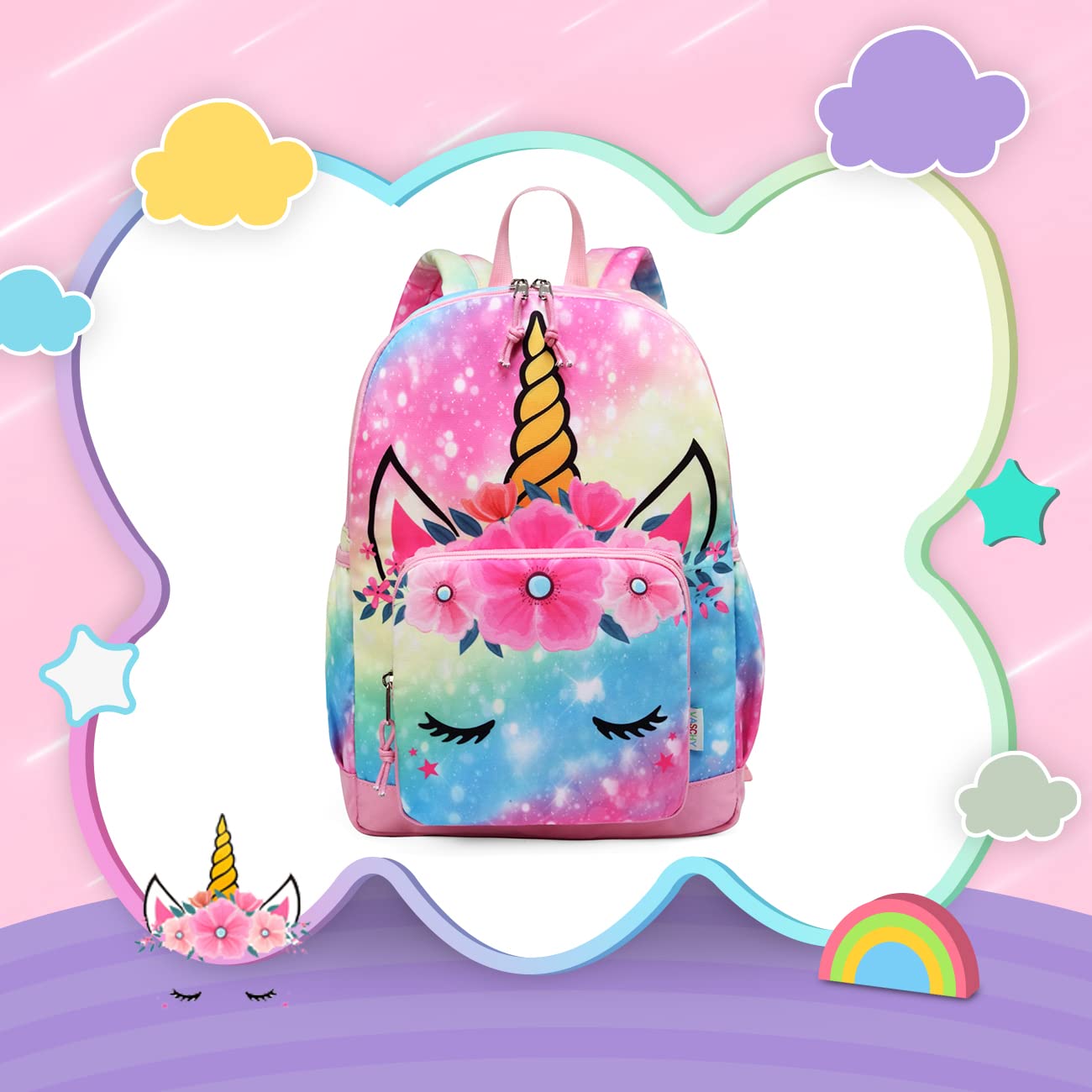 Rucksack für Mädchen, 4-6 Jahre, Schulrucksack mit Seitentaschen und Brustgurt, 127-Einhorn, one size, Niedlich