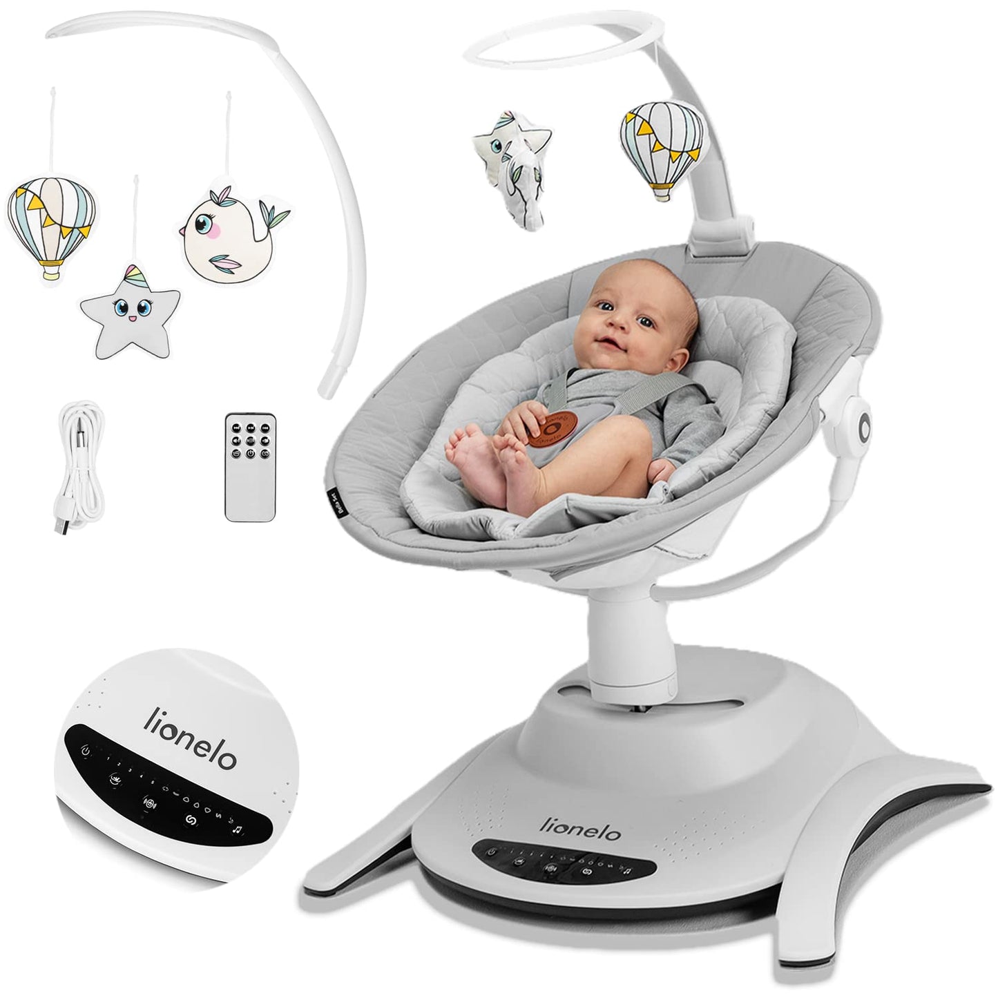 LIONELO Bella Elektrische Babywippe 360o für Babys bis 9 kg, verstellbare Rückenlehne, 5 Schaukelgeschwindigkeiten Sicherheitsgurt Erkennung von Bewegungen Anti-Rutsch