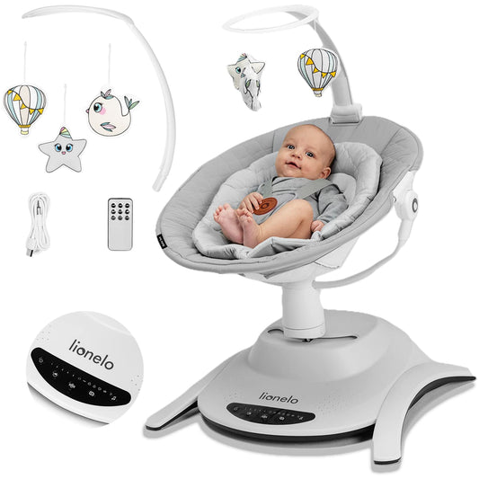 LIONELO Bella Elektrische Babywippe 360o für Babys bis 9 kg, verstellbare Rückenlehne, 5 Schaukelgeschwindigkeiten Sicherheitsgurt Erkennung von Bewegungen Anti-Rutsch