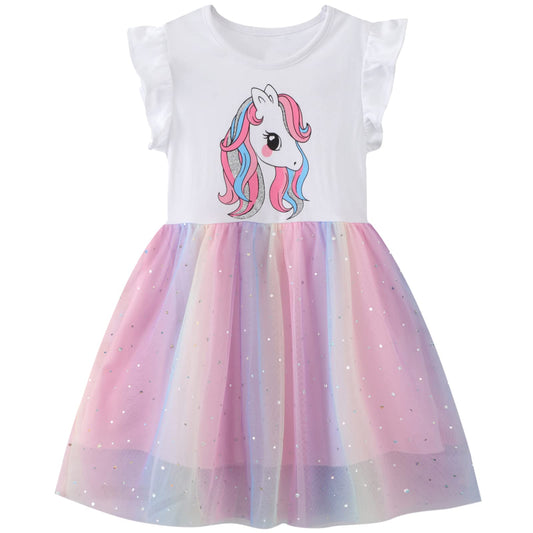 Baogaier Kleid Mädchen Pailletten Tüll Kleider Baumwolle Sommerkleid Sommer Frühling T-Shirt Tüllkleid Kinderkleid Gr. 92-122