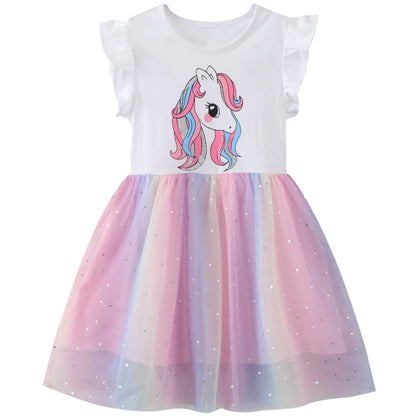 Baogaier Kleid Mädchen Pailletten Tüll Kleider Baumwolle Sommerkleid Sommer Frühling T-Shirt Tüllkleid Kinderkleid Gr. 92-122