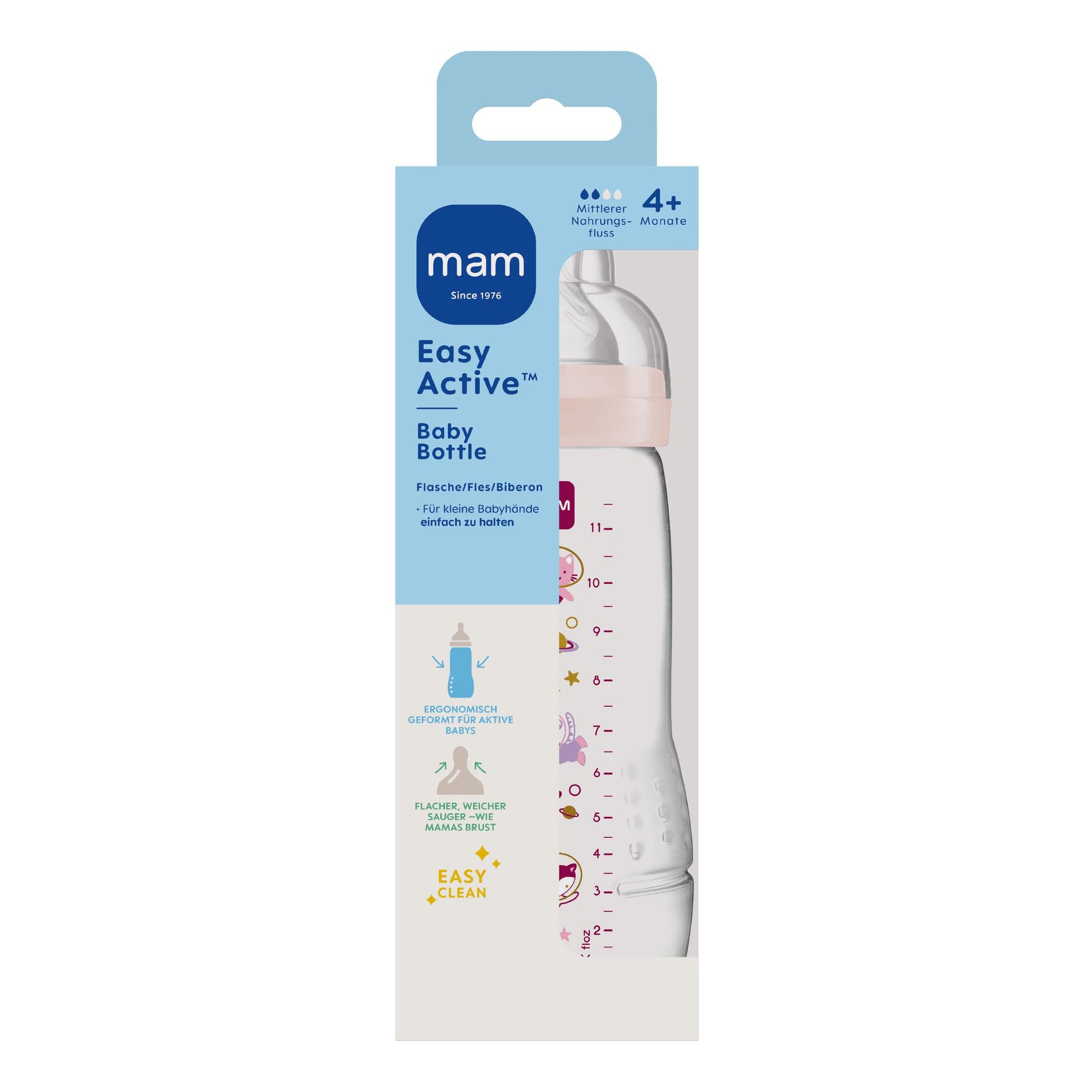 MAM Easy Active Trinkflasche im 2er-Set (330 ml), Baby Trinkflasche inklusive MAM Sauger Größe 2 aus SkinSoft Silikon, Milchflasche mit ergonomischer Form, 4+ Monate, Weltall - Meloni2
