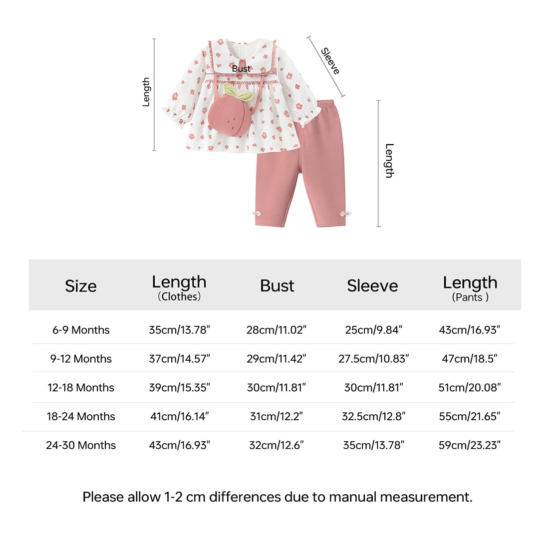 gurcooc Children's Clothing Sets for Baby Girls, Cotton Long Sleeve Dress, Waist and Pants, Soft Baby Clothes Set, 6-30 Months 