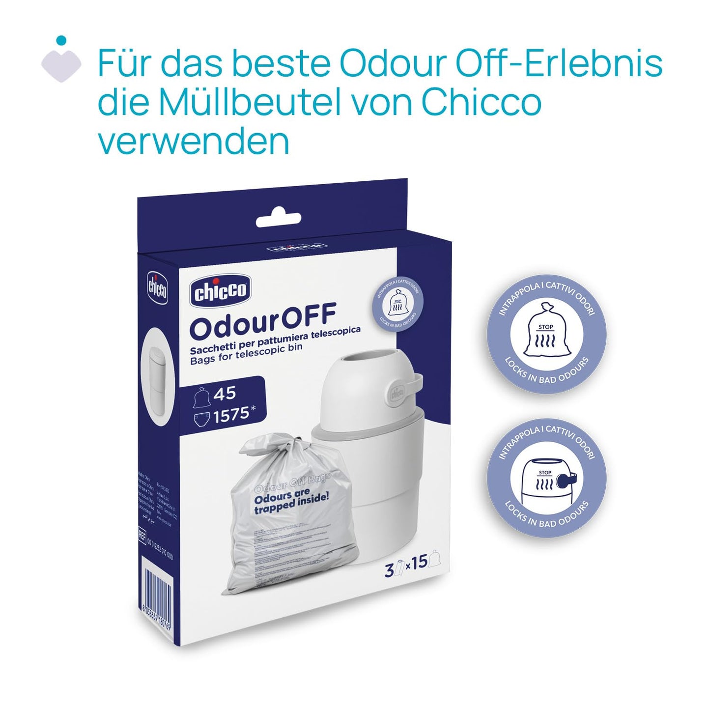 Chicco Windeleimer Odour Off, geruchsdichtes System, platzsparender Baby Windeleimer mit Deckel, einfach zu benutzen und zu reinigen, Ohne Nachfüllkassetten, funktioniert mit herkömmlichen Tüten