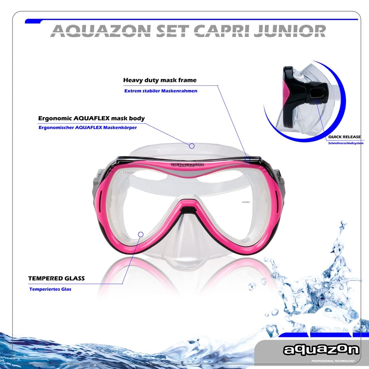 AQUAZON Capri extra Komfortables Kinder Schnorchelset, Taucherbrille mit superweichem Silikon, 7-12 Jahre, glasklarer Blick durch temperiertes Glas