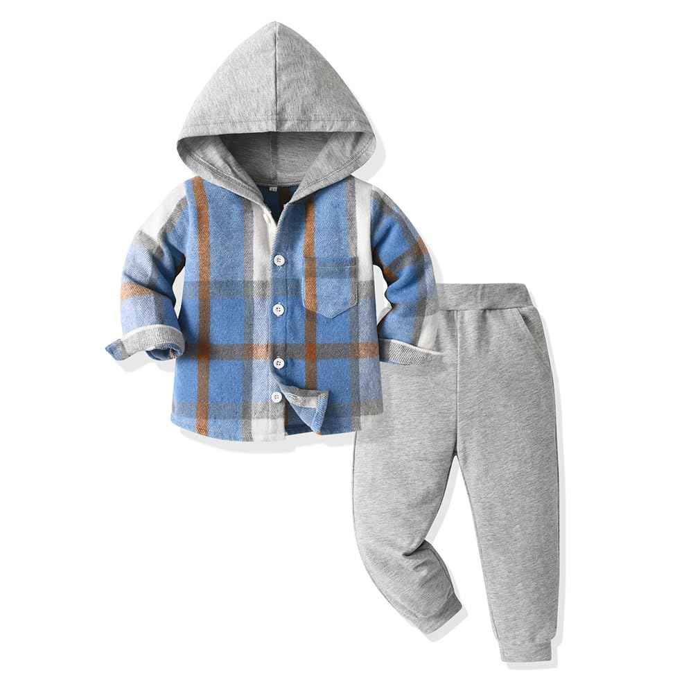 Yanmucy Toddler Baby Boys Clothing Outfit 2 Pieces Cotton Plaid Boy Hoodies Shirt Tops Trousers Set Small Boys Suit Kids Tracksuit Spring Autumn Clothing Set