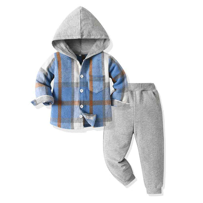 Yanmucy Toddler Baby Boys Clothing Outfit 2 Pieces Cotton Plaid Boy Hoodies Shirt Tops Trousers Set Small Boys Suit Kids Tracksuit Spring Autumn Clothing Set