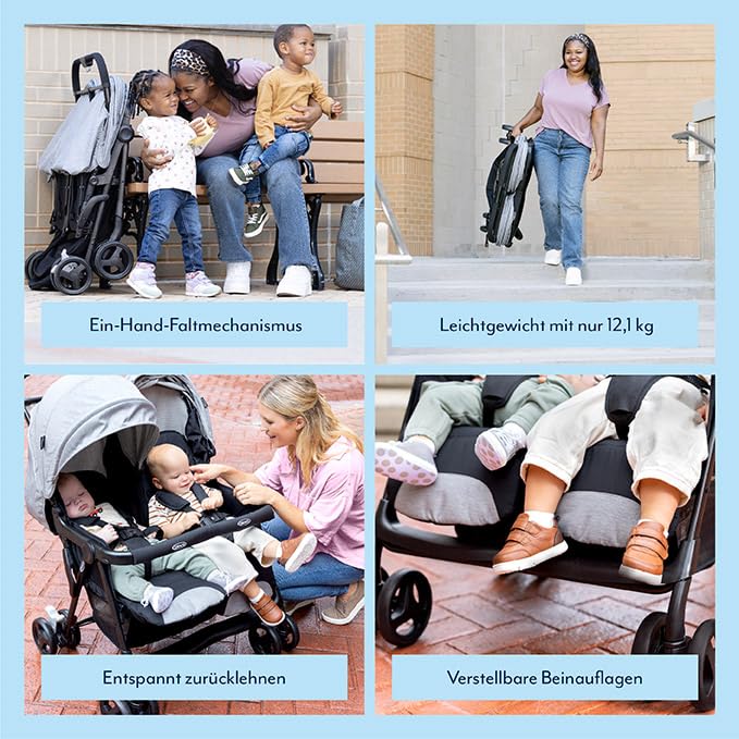 Graco DuoRider™ Double Pushchair - Baby Stroller - From Birth to 3 Years (15kg) Lightweight Quick Fold Free Standing Large Storage Basket - Includes Rain Cover - Grey - Steeple Gray