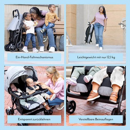 Graco DuoRider™ Double Pushchair - Baby Stroller - From Birth to 3 Years (15kg) Lightweight Quick Fold Free Standing Large Storage Basket - Includes Rain Cover - Grey - Steeple Gray