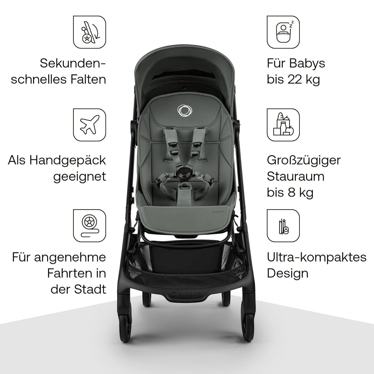 Bugaboo Butterfly 2 Reisebuggy Set – leichter, faltbarer Kinderwagen mit Sicherheitsbügel & Regenabdeckung – Handgepäckgröße, mit Liegefunktion – ab 6 Monaten bis 4 Jahre – Forest Green