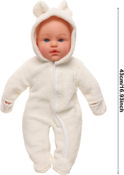 Miunana Babypuppe 43 cm Weichkörperpuppe in süßer Puppenkleidung, sehr handlich, niedliches Outfit, ohne Haare Weichkörper Puppen für Kinder ab 3 Jahren