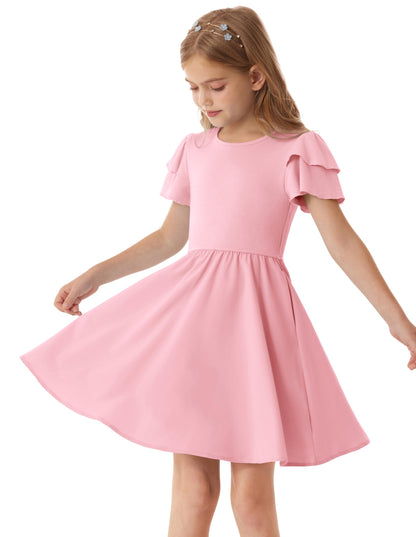 GRACE KARIN Girls Summer Dress Ruffle Short Sleeve Casual A-Line Princess Dress with Pockets Wedding Flower Girl Dresses 