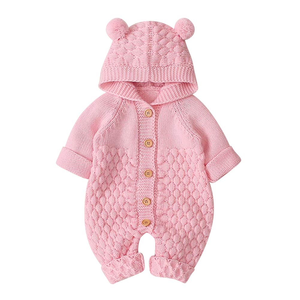 OBEEII Newborn Baby Knitted Romper Jumpsuit with Hood Ear Onesies Pullover Winter Warmer Onesie Bodysuit for Boys Girls