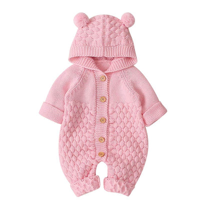 OBEEII Newborn Baby Knitted Romper Jumpsuit with Hood Ear Onesies Pullover Winter Warmer Onesie Bodysuit for Boys Girls