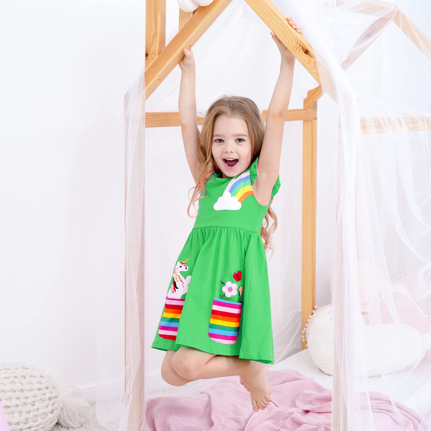 SFreeBo Girls Dresses Unicorn Rainbow Dress Kids Girls Gift Cotton Colourful Dresses for Girls 104 110 116 122 128