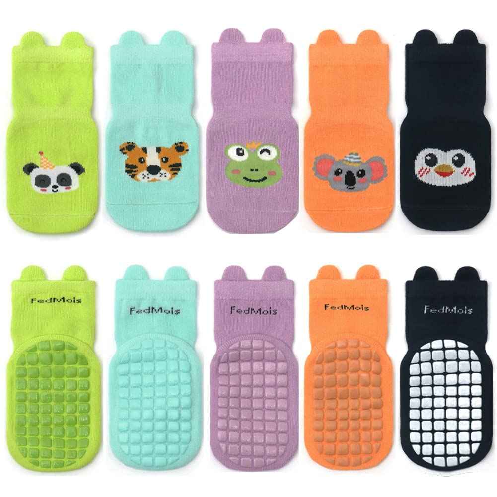 Pack of 5 Baby Toddler ABS Non-Slip Socks, Trainer Socks, Animal Motifs, Cotton
