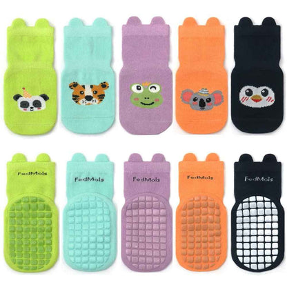 Pack of 5 Baby Toddler ABS Non-Slip Socks, Trainer Socks, Animal Motifs, Cotton