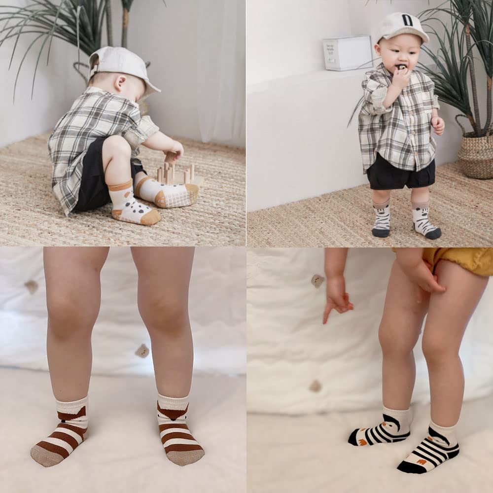 Pack of 5 Baby Toddler ABS Non-Slip Socks, Trainer Socks, Animal Motifs, Cotton