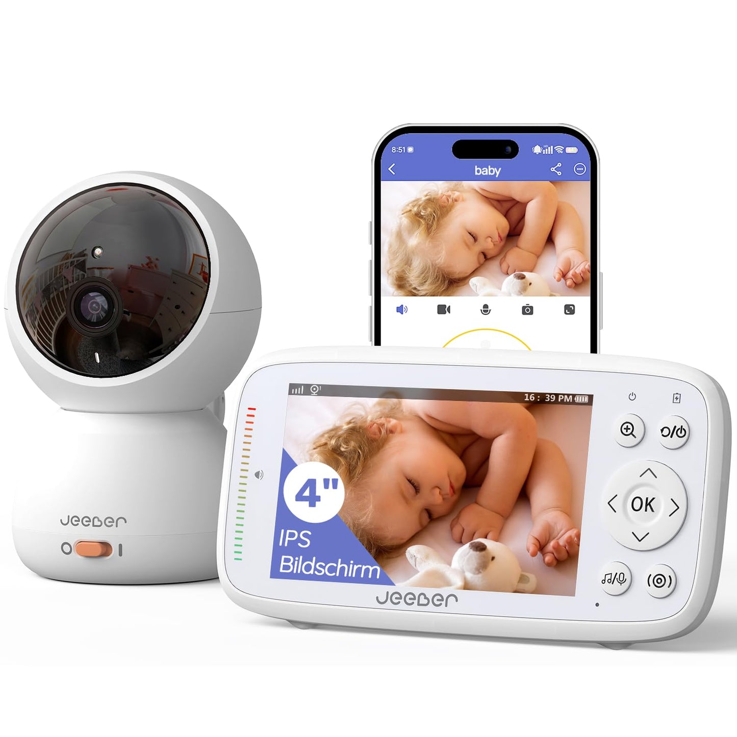 360 Grad Babyphone mit Kamera, 4'' IPS WLAN Video Babyfon, Nachtsicht, 2 Wage Audio, Bereich alarme, Temperatur, 500m hohe Reichweite Baby Kamera und APP ohne ABO