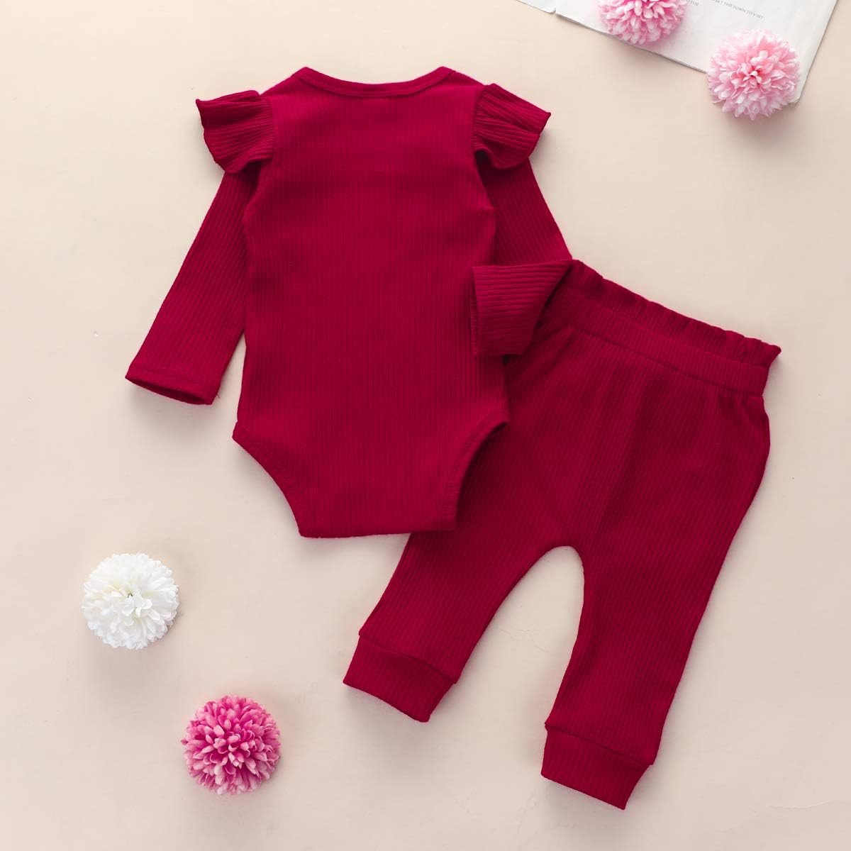Baby Mädchen Kleidung Set, Weiches Neugeborenes Outfit mit Langarm Bodysuit Strampler, Hose und Stirnband / Hut