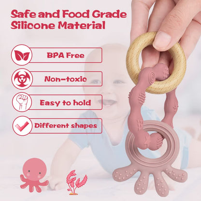 Vicloon Beißring für Babys, Beißring Spielzeug aus Silikon und Holzringe, Baby Zahnungshilfe BPA-frei, Schmerzlindernde Zahnen Nursing Zubehör für ab 3 Monaten Babys(Wal Blau)
