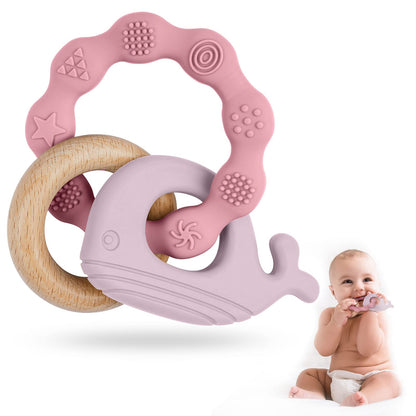 Vicloon Beißring für Babys, Beißring Spielzeug aus Silikon und Holzringe, Baby Zahnungshilfe BPA-frei, Schmerzlindernde Zahnen Nursing Zubehör für ab 3 Monaten Babys(Wal Blau)