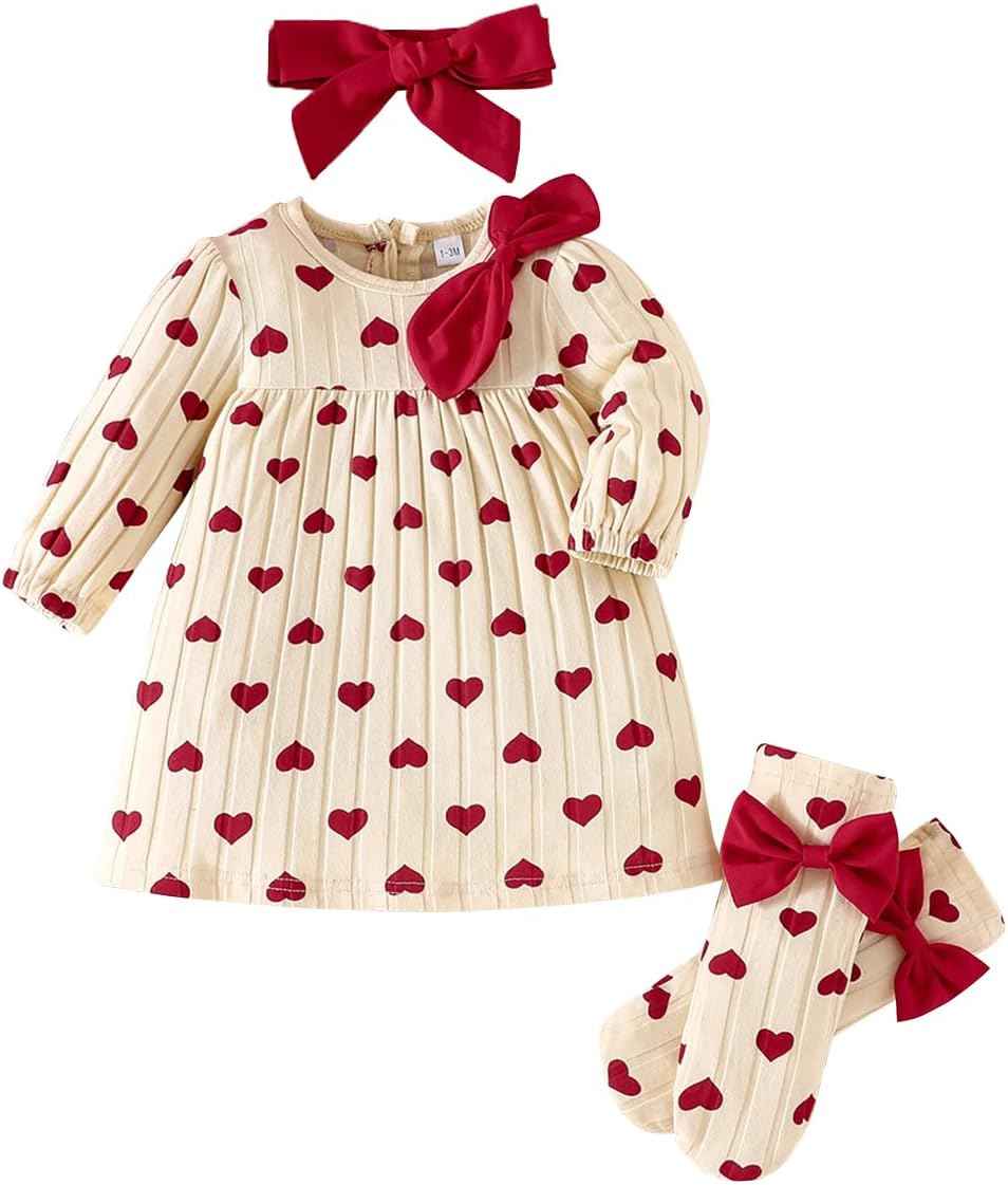 LUVCES Neugeborenes Mädchen Erdbeerkleid Valentinstag Outfit Langarm Rippstrick Kleid mit Herzchenprint mit Stirnband und Söckchen Bekleidungsset