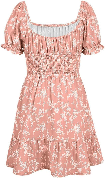 Haloumoning Girls Dresses Short Sleeve Summer Dress Kids Puffy Sleeve Floral Dress Square Neck A-Line Casual Dress Casual Party Wedding Festive Dress 