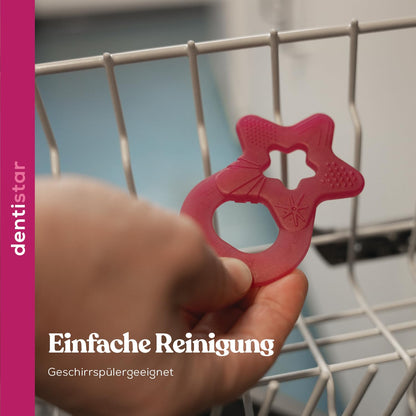 Dentistar Beißring 2er-Set – Teether für Babys & Kleinkinder ab 3 Monate – Baby Beißring mit Griff aus weichem Material zur Zahnungshilfe & Massage – Made in Germany – Pink & Lila