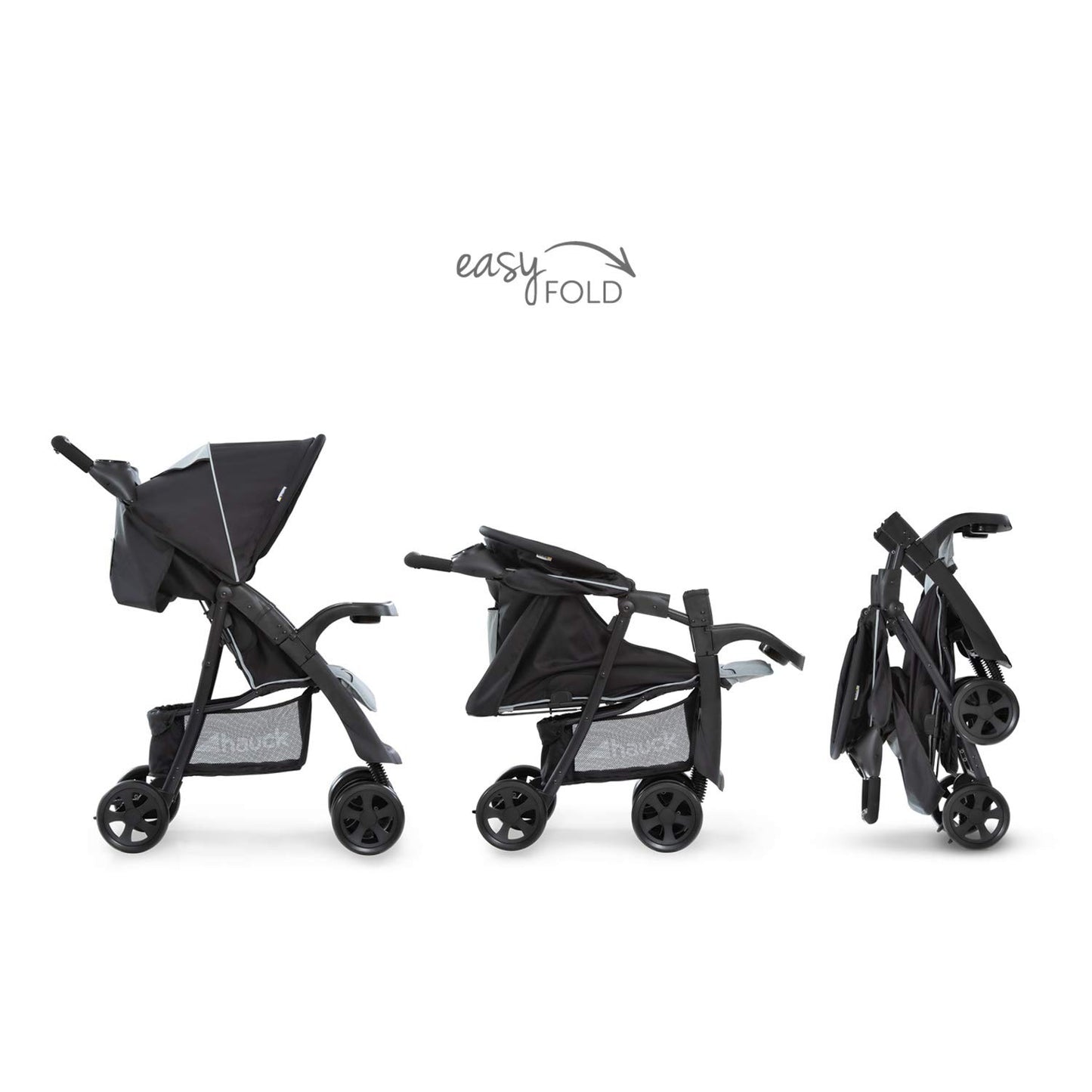 hauck Shopper Neo II, Schwarz Grau - Kinderbuggy mit Liegeposition ab Geburt bis 22 kg, 2x Tablett mit Getränkehalter, Einhändig Klein Zusammenklappbar, Tasche im Verdeck, XL Korb