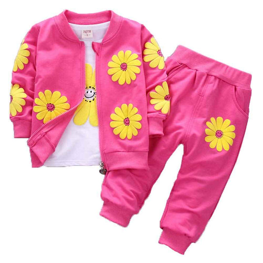 Yao 1-5 Years Toddler & Little Girls Floral Print 3-Piece Sets Zip Jacket Long Sleeve Crew Neck T-Shirt and Trousers
