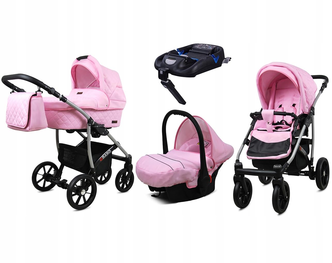 BabyLux® Bambimo Qbaro 3-in-1 Pushchair Set Including Baby Carrycot, Buggy Sports Seat, Car Seat - Car Seat - Pram Set - Combination Pram with Changing Bag, Rain Cover etc. 