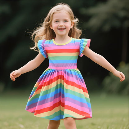 EULLA Kinder Mädchen Kleid Kurzarm Lässig A-Linie Regenbogenstreifen Erdbeere Marienkäfer Schmetterling Kleider Gr.92 98 104 110 116 122