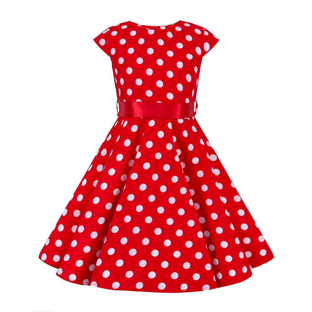 FYMNSI Girls Vintage 1950s Rockabilly Dress Party Dresses Retro Polka Dot Floral Pattern A-Line Party Dresses Pleated Skirt Knee Length for 4-12 Years 