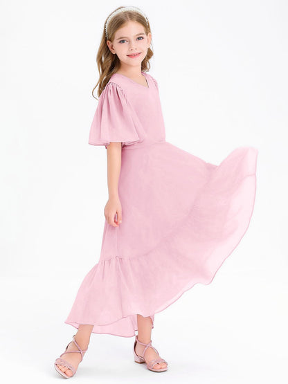 Haloumoning Mädchen Sommerkleid V-Ausschnitt Rüschenkleider Casual A Line Kleid Flowy Hoch Niedrig Lang Partykleid Elegant Langes Abendkleid