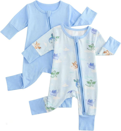 2er Pack Baby Schlafanzug Strampler Neugeborene Jungen Mädchen,Viskose Aus Bambus,mit Fußteil Und Umklappbaren Fäustlingen für 0-24 Monate