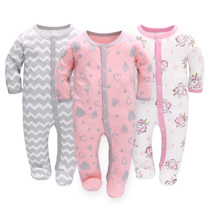 3PCS Baby Schlafstrampler Babychlafanzug Babyschlafsack Baumwolle mit Füßen mit knöpfen Gr. 56 62 68 für Junge Mädchen Neugborenen