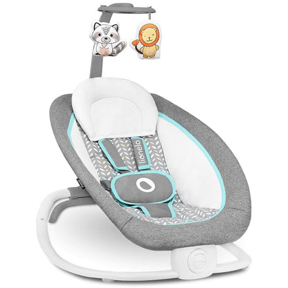 LIONELO Pascal Baby Wippe, sanfte Vibrationen, 5 Melodien, Spielzeugkarussell mit interaktiven Plüschtieren, Kopfkissen, verstellbare Rückenlehne, Energiesparsystem (GREY SCANDI)
