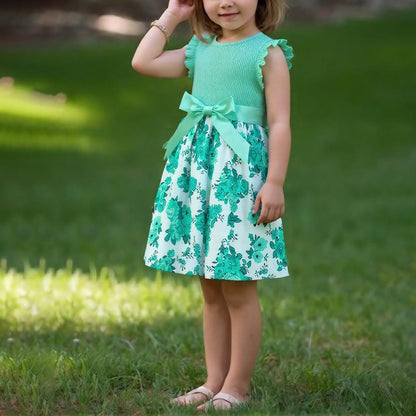 Codkkre Mädchen Kleid Blumen Bowknot Kinder Kleider Rüschenärmel A-Linie Mädchen Kleid Sommer Ostern Mädchen Kleid Rundhals 104 110 116 122 128