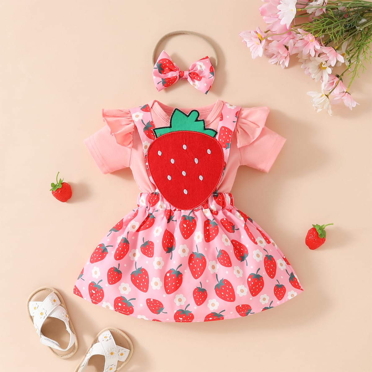 Neugeborenes Baby Mädchen Röcke Sets Kurzarm Rüschen Top + Bedrucktes Overalls Hosenträger Kleid + Stirnband Sommer Kleidung Outfits Set