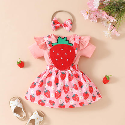 Neugeborenes Baby Mädchen Röcke Sets Kurzarm Rüschen Top + Bedrucktes Overalls Hosenträger Kleid + Stirnband Sommer Kleidung Outfits Set
