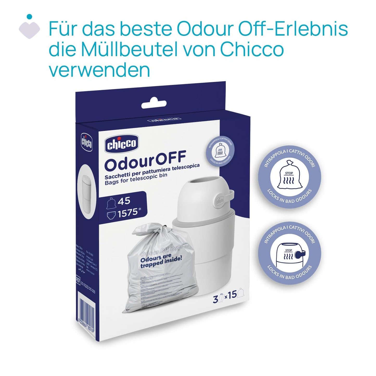Chicco Windeleimer Odour Off, geruchsdichtes System, platzsparender Baby Windeleimer mit Deckel, einfach zu benutzen und zu reinigen, Ohne Nachfüllkassetten, funktioniert mit herkömmlichen Tüten