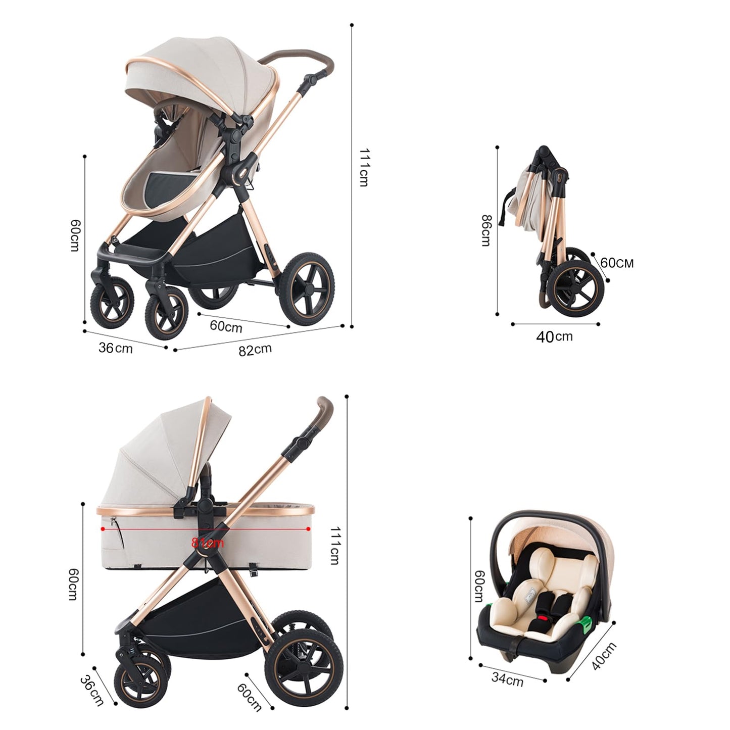 BEBBY 3-in-1 Kinderwagen KombiKinderwagen-Set 2-in-1 Buggy faltbar Luxus Hochlandschaft Neugeborenes Tragbarer Kinderwagen Zusammenklappbarer Kinderwagen Kinderwagen Travel System (D2-DEEPGREY)