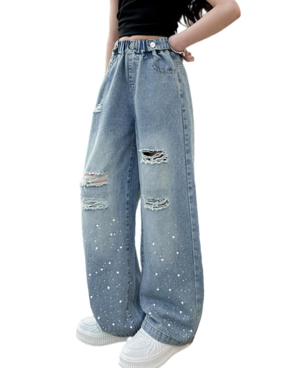 Rolanko Girls' Jeans Trousers with Hole, Denim Blue Jeans, Vintage Trousers With Wide Leg for Children