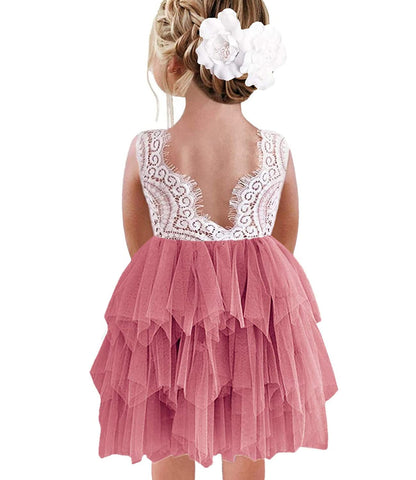 Beganly Mädchen Festtagskleider Spitze V-Rücken Kleid ärmellos Flauschig Tüll Prinzessin Partykleid Blumenmädchen Kleider