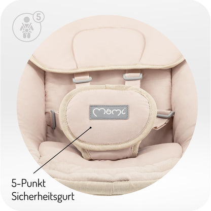 MoMi KENANI baby bouncer for children up to 9 kg, foldable, with remote control &amp; Bluetooth for connecting to a smartphone, battery or power connection, with 5-point safety belt, sun protection, insect net 