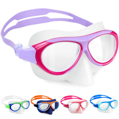 Vvinca Swimming Goggles for Kids with Nose Guard and Fabric Strap, Shatterproof, Anti-Fog and Waterproof for Children 3-14 Years